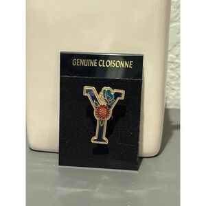 Vintage Gold-Toned Pin Initial "Y" with Butterfly & Flower Enamel Pink Red Green